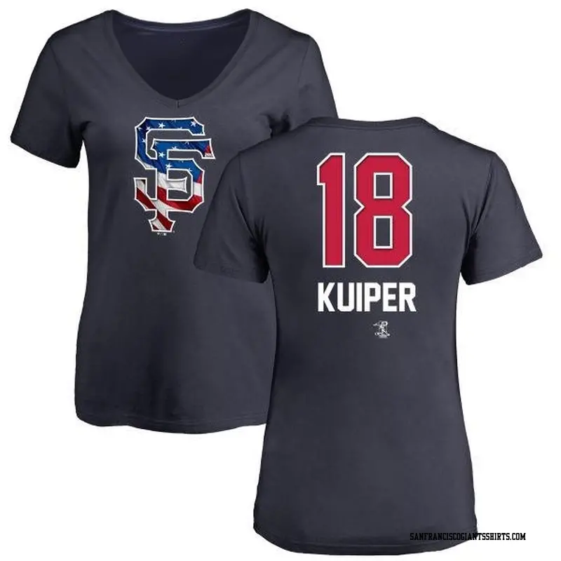 Women's San Francisco Giants ＃18 Duane Kuiper Navy Branded Name and Number Banner Wave V-Neck T-Shirt